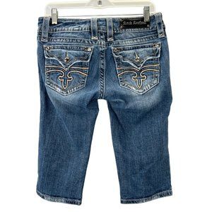 Rock Revival Celine Cropped Jeans size 30 Chunky Rhinestones Fleur De Lis Pocket